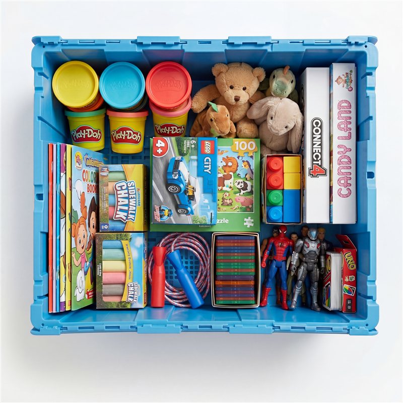Toys stored in a Fort Lox box